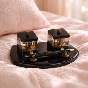 Vintage Black Marble Double Glass inkwell & Pen Rest